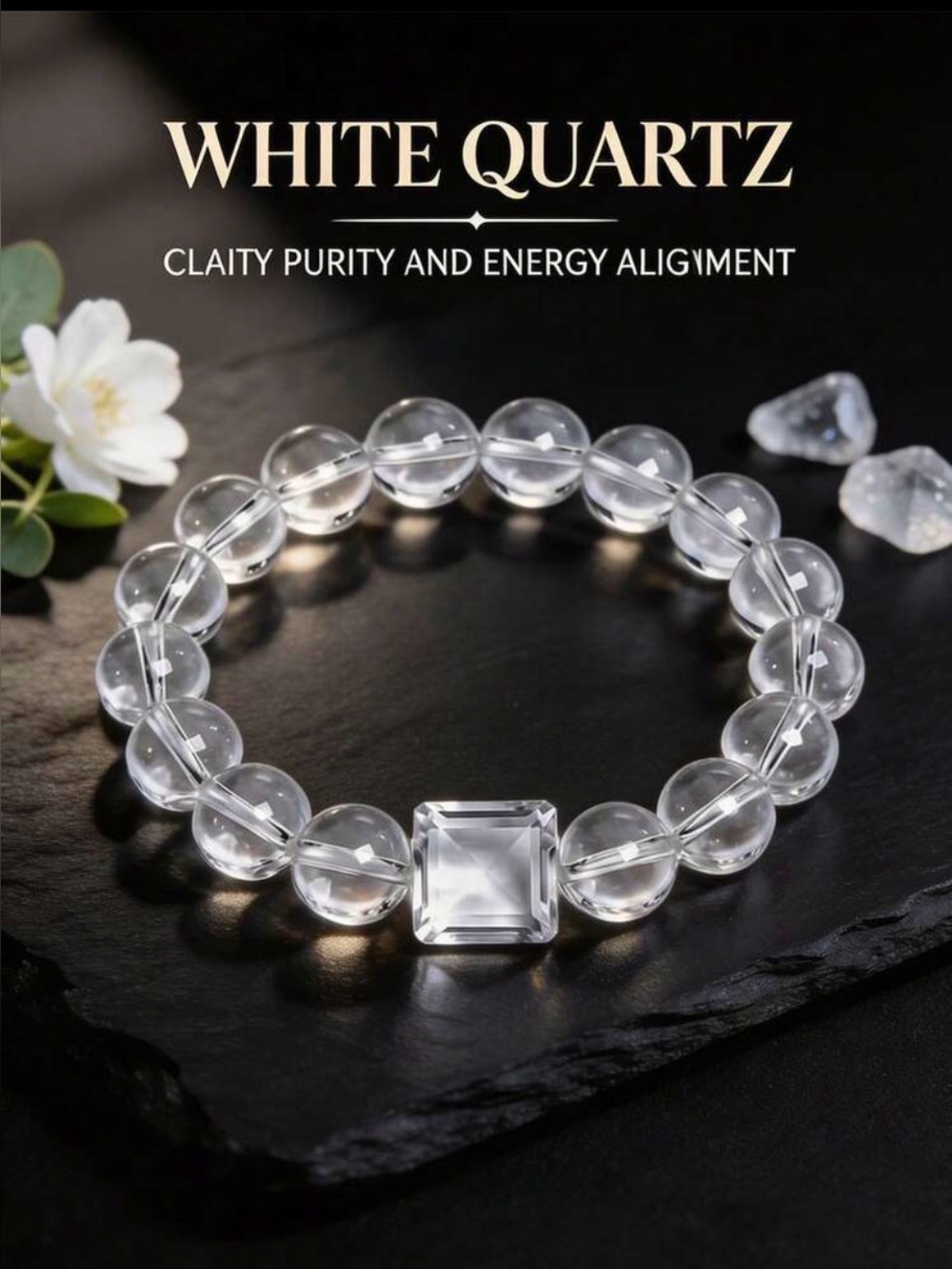 White Quartz Beaded Stretch Bracelet with Square Crystal Focal
